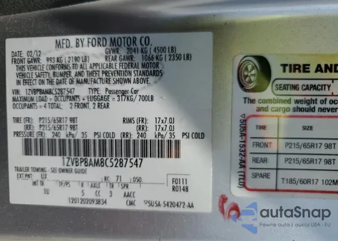 2012 Ford Mustang из США, поврежденный, VIN 1ZVBP8AM8C5287547